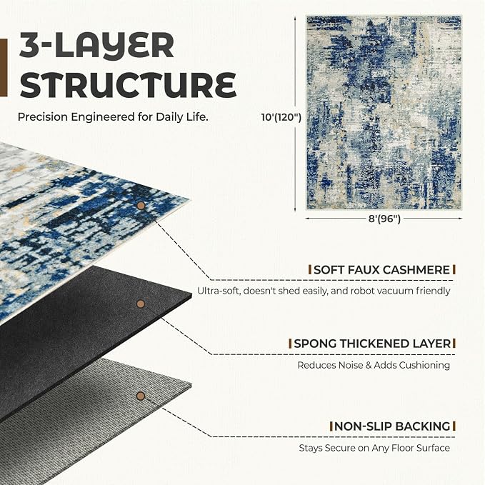 Washable Rugs 8x10 Area Rugs for Living Room- Modern Abstract Rugs for Bedroom,Dining Room,Large Soft Low Pile Carpet with Non Slip Rubber Backing,Neutral Accent Under Table Rug for Nursery