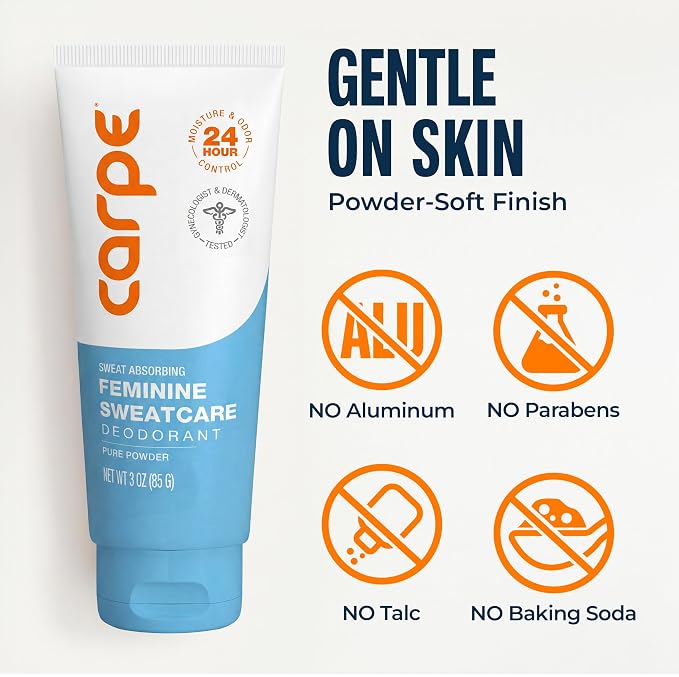 Carpe Feminine Sweatcare Intimate Deodorant - pH Balanced, 24Hr Moisture & Odor Control Whole Body Deodorant for Women - Gynecologist Tested & Safe for Private Parts - Pure Powder - 3oz