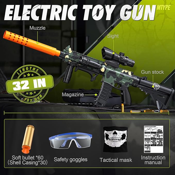 Toy Gun with Soft Bullets Shell Ejecting, Manual Foam Blasters Guns with 60 Bullets, Toy Gun Birthday Gift, Green