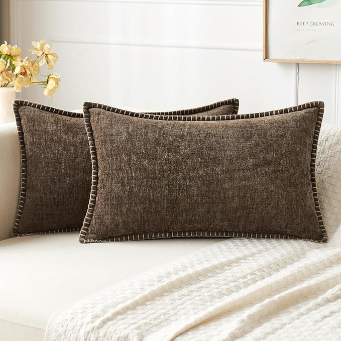 MIULEE Decorative Lumbar Throw Pillow Covers 12x20 Inch Brown 2 Pack | Farmhouse Pillow Covers with Stitched Edge, Soft Chenille Cushion Cases, for Couch Sofa Bed Living Room Home Decor