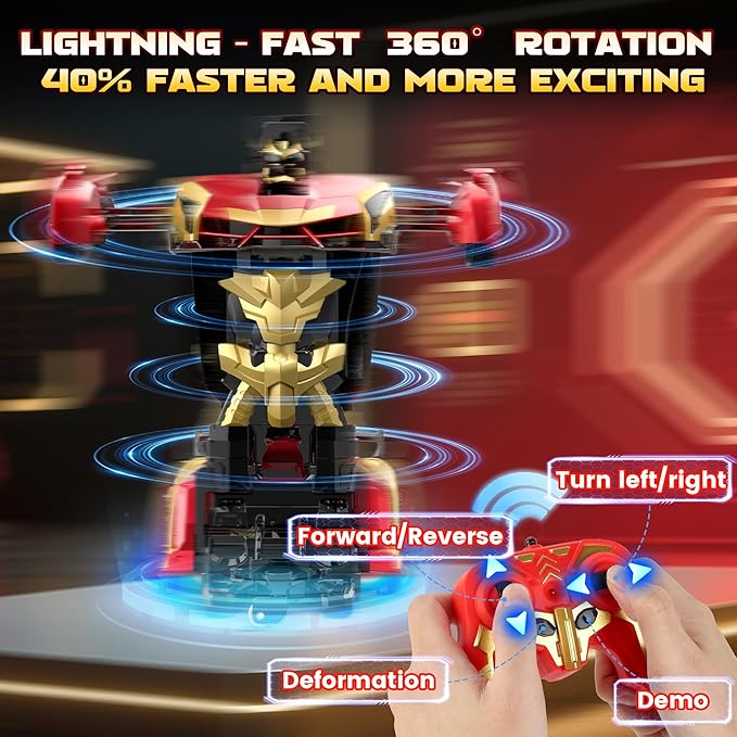 Transform RC Iron Man Cars Robot Toys with Underbody Lights, 2.4GHz Hero Remote Control Car One-Button Deformation, 360°Rotation Robot Car Toys Christmas Birthday Gifts for Kids Age 4 -12(1:18 Scale)