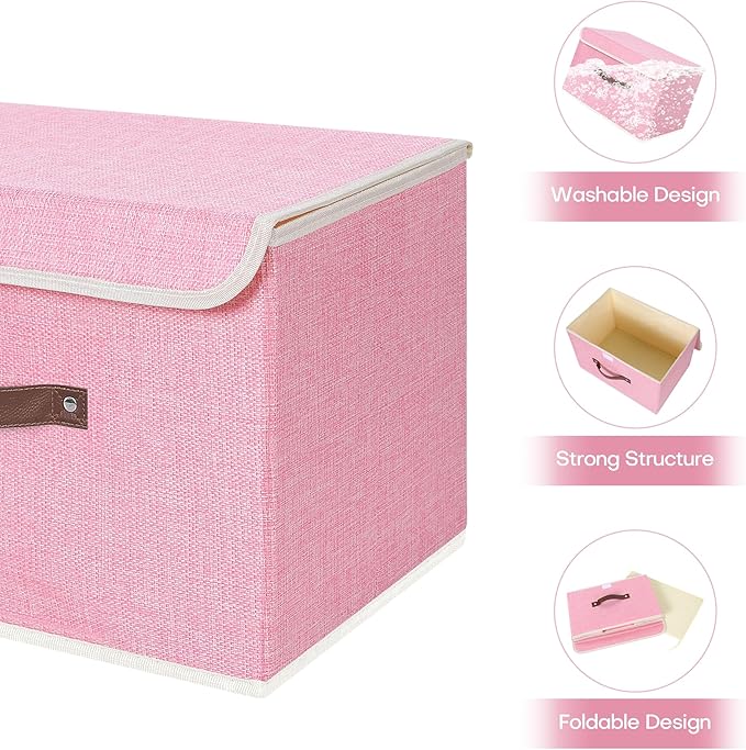 ANMINY Fabric Storage Box Bins with Lids, Pink, 13"x9"x7.9" | Keepsake Memory Storage, Cotton Linen, PP Board Reinforced, Washable, PU Handles, Foldable & Stackable, Decorative, Medium