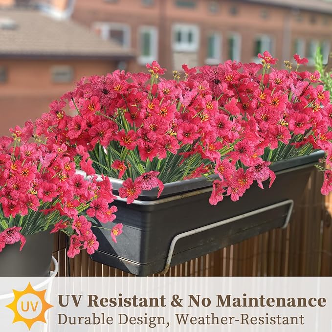 ColoPlay 24 Bundles Rose Red Artificial Flowers for Outdoors, Fake Flowers | Fake Plants Outdoors, UV Resistant Faux Flowers for Indoor Outside Garden Porch Window Box Home Wedding Farmhouse