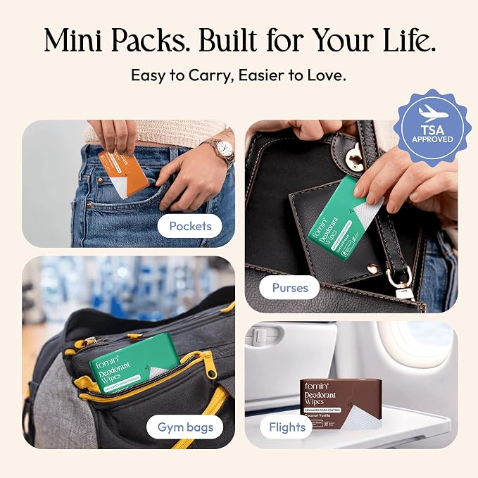 FOMIN Acidified Travel Deodorant Mini Wipes For Women & Men- Variety Pack - 144 Count - pH Balanced, Biodegradeable Mini Deodorant Travel Size Wipes - Plastic-Free, Underarm Body Wipes