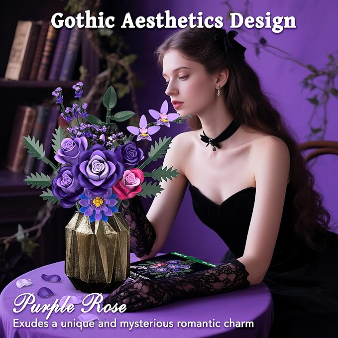 Purple Roses Flower Bouquet Building Sets, 834PCS Artificial Flowers Building Blocks, Gothic Decor Halloween Decor Botanical Collection for Adults Women, Gifts for Halloween Christmas Valentines Day