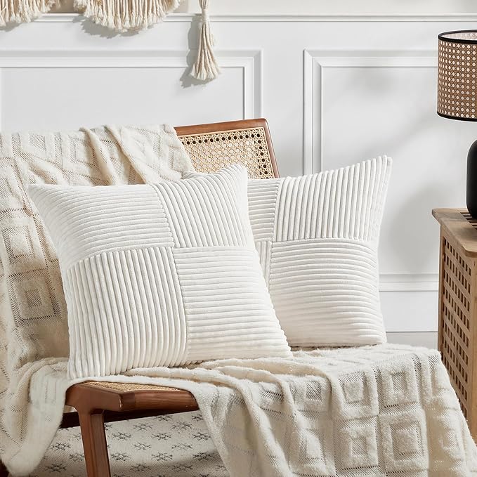 Fancy Homi 2 Packs Cream White Samll Decorative Throw Pillow Covers 14x14 Inch with for Couch Bed Sofa, Rustic Farmhouse Boho Home Decor, Soft Corss Patchwork Corduroy Square Cushion Case 35x35 cm