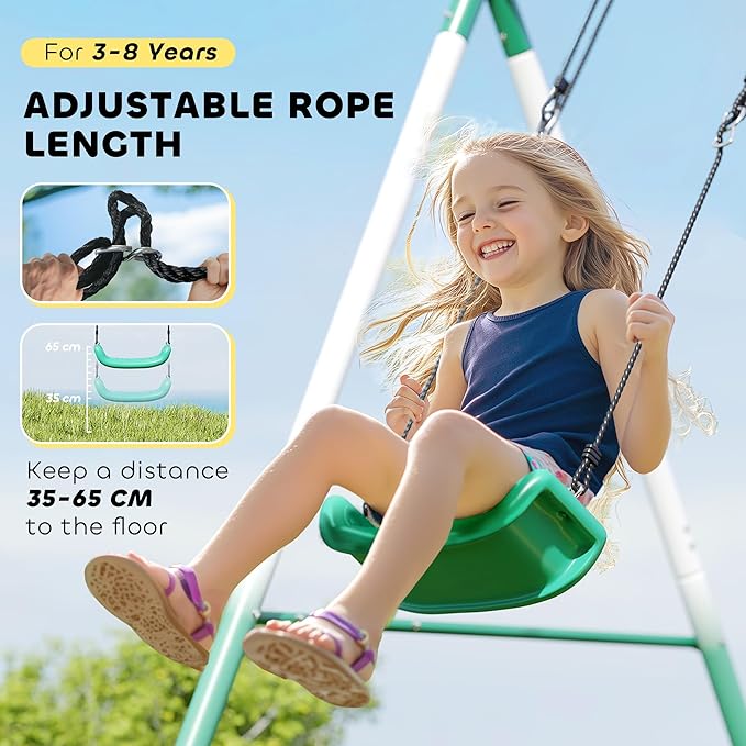Qaba Swing Set for Backyard with Adjustable Seat and Saucer Swing, 5' Slide, Heavy Duty A-Frame Metal Stand Outdoor Playground Playset for Kids, Dark Green, 112" x 91" x 73"