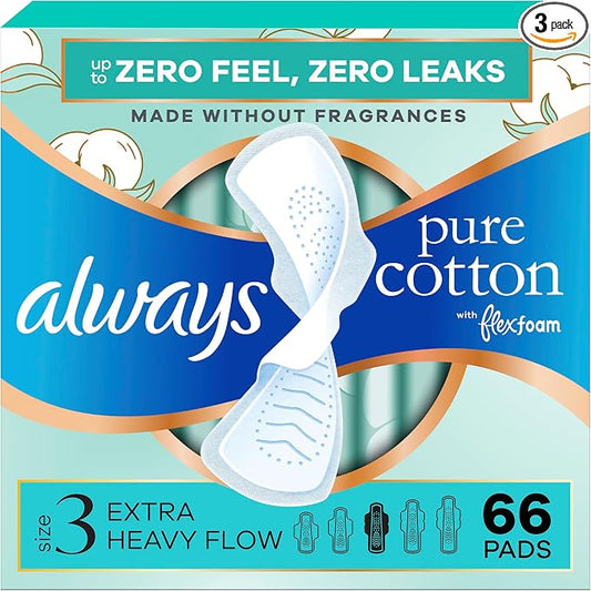 Always Pure Cotton Feminine Pads for Women, FlexFoam Pads with Wings, Size 3, Extra Heavy Flow Absorbency, Unscented, 66 Count (3 Packs of 22)