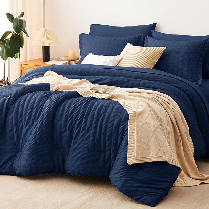 CozyLux Queen Comforter Set Navy Blue Seersucker 7 Pieces Bed in a Bag Queen Comforter Set with Sheets, Luxury Bedding Sets with Down Alternative Comforter, Sheets, Pillowcases & Shams for All Season