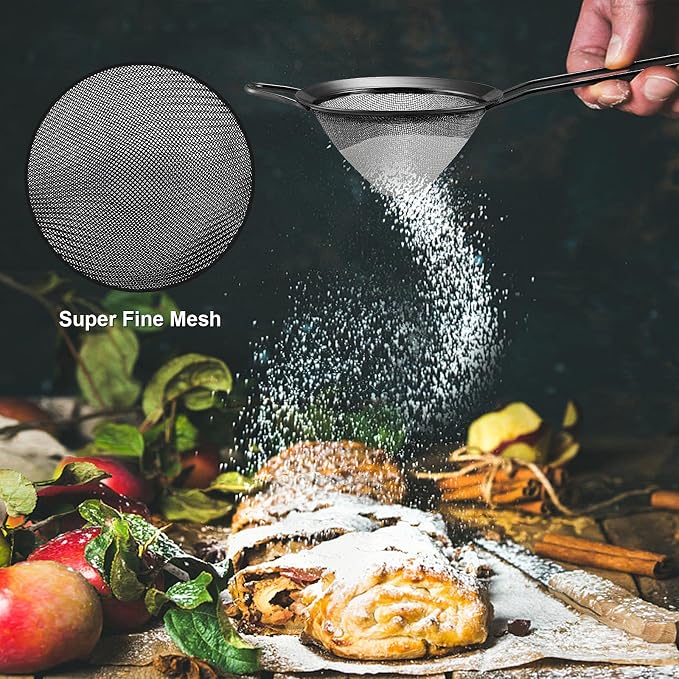Black Small Strainer Set of 2, E-far 3.3 Inches Stainless Steel Fine Mesh Sieve with Long Handle, Metal Conical Strainers for Tea Cocktail Coffee Food, Rust Proof & Easy to Clean