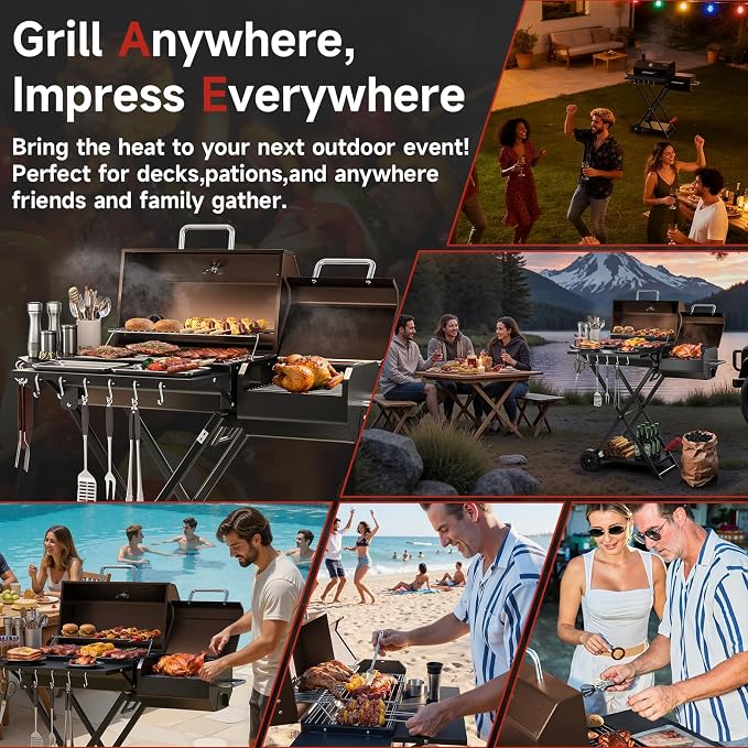 Portable Charcoal Grill with Smoking Function, Foldable Suitcase Design with Wheels, Multi-Tier Storage Rack & Waterproof Cover for Outdoor BBQ Parties (Khaki)
