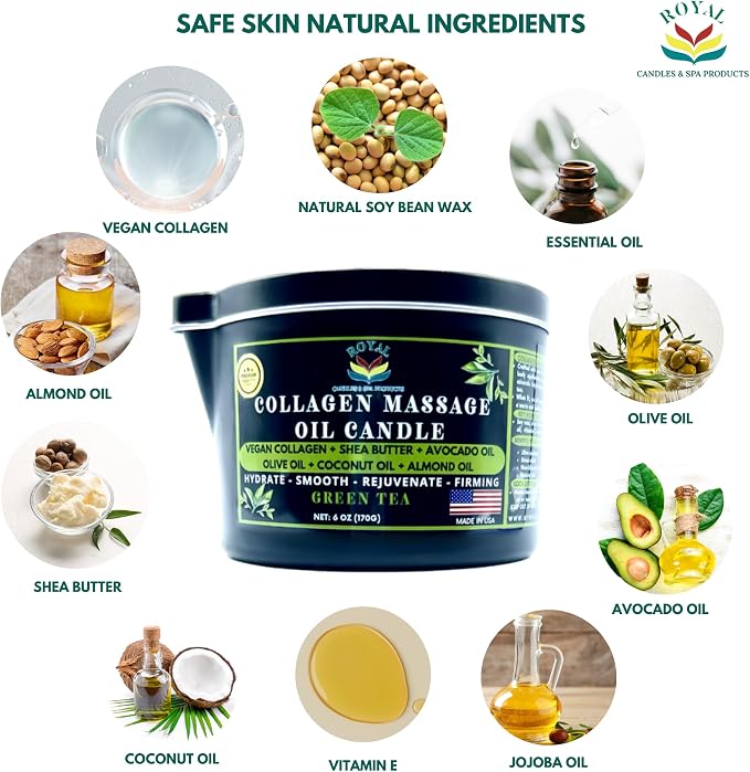 Royal Collagen Massage Oil Candle, Body Massage Oil Candle, Candle Massage Oil, Collagen Massage Oil Candle, Aromatherapy Candle, Couple Massage Oil Candle, 6 oz. with Pouring spout - Green Tea Scent