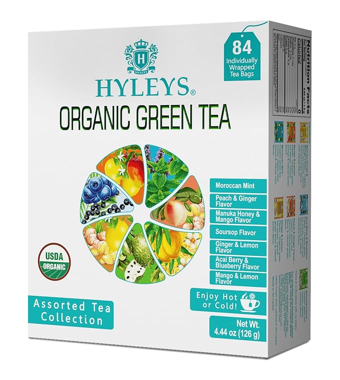 HYLEYS Organic Green Tea, With 7 Assorted Flavors 84 Individually Wrapped Tea Bags - Includes Soursop, Blueberry, Moroccan Mint and More - USDA Organic - Kosher & Vegan
