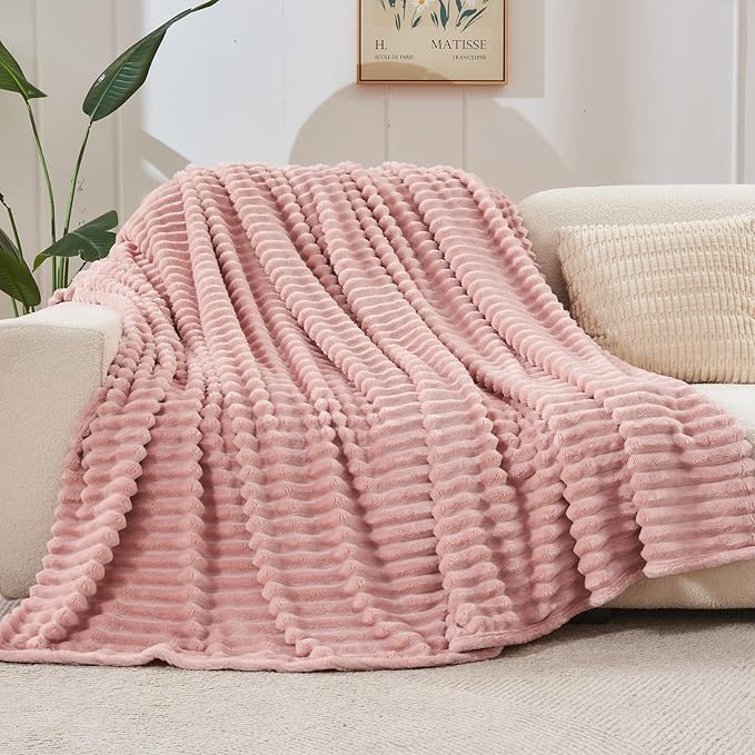 NEWCOSPLAY Super Soft Twin Blanket Pink Premium Silky Flannel Fleece 3D Ribbed Jacquard Lightweight Bed Blanket All Season Use (Pink Ribbed, Twin(60"x80"))