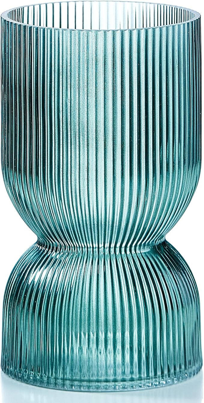 7.5 inch Vase for Flowers, Teal Ribbed Thickened Glass Vases, Hourglass Bud Flower Vase for Bookshelf, Dinner Table, Indoor Office Desktop, Meeting Room, Bathroom, Home Decor, Christmas Decoration