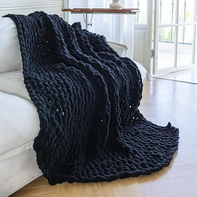 Chunky Knit Blanket - Luxury Soft Cozy 50 * 60 Throw Blanket,100% Woven Blanket Rope Knot Throw Blanket for Couch, Sofa, Home Decor, Gift - Machine Washable（Black）