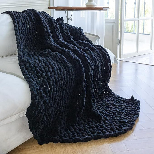 Chunky Knit Blanket - Luxury Soft Cozy 60 * 80 Throw Blanket,100% Woven Blanket Rope Knot Throw Blanket for Couch, Sofa, Home Decor, Gift - Machine Washable (Black, 60 * 80)