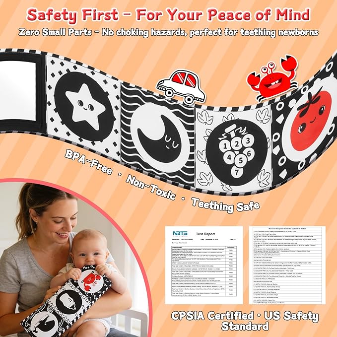 High Contrast Baby Toys for Newborn – Black White Tummy Time Mirror Toy, Crinkle Sensory Baby Book 0-6 Months for Newborns, Attach to Crib/Stroller/Car Seat