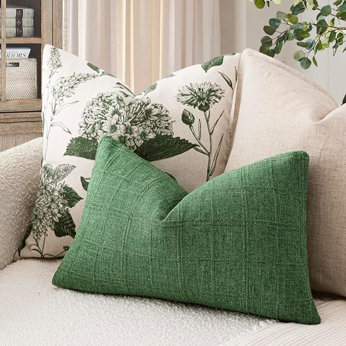 Foindtower Set of 2 Decorative Linen Check Throw Pillow Covers Neutral Farmhouse Lumbar Cushion Covers Modern Boho Accent Home Decor for Sofa Chair Couch Bedroom Living Room,12×24 Inch,Forest Green