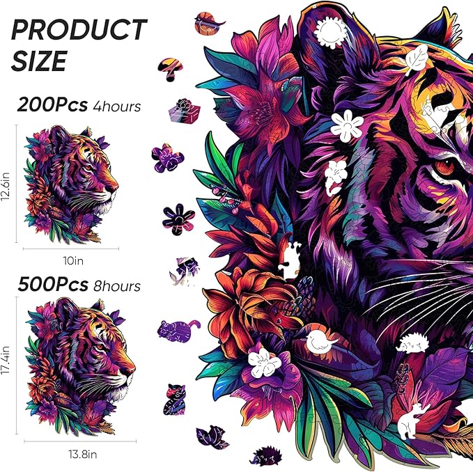 Qiuenisray Wooden Puzzles for Adults 500 Pieces, Tiger Flower Jigsaw Puzzles, Home Decor, FSC Certified Royal Unique Shape Animal Adult Puzzles, Best Gift for Family Game 13.8x17.4 in