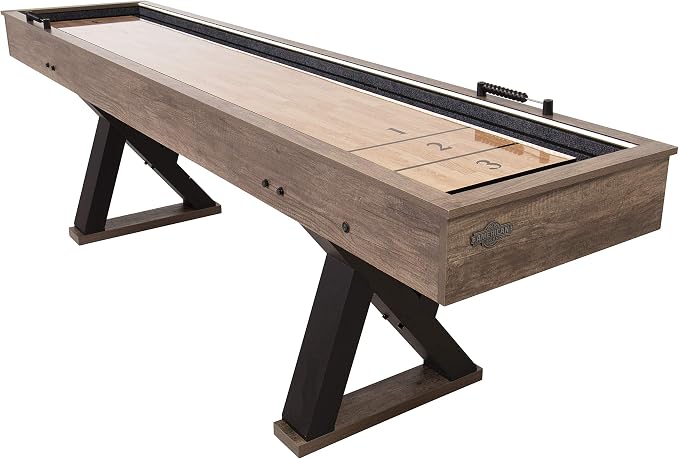 American Legend Kirkwood 9’ Shuffleboard Table with LED Rails, Bowling Game Set, Rustic Wood Finish & Accessories Included