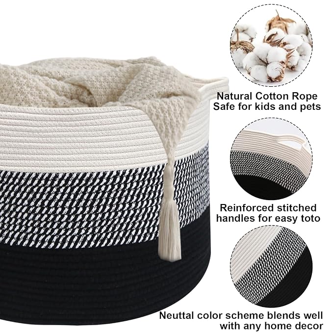 65L Large Blanket Basket,Woven Rope Laundry Basket-Mixed Black | Collapsible Nursery Storage Bin with Sturdy Handles, Organizes Clothes, Toys and Pillows for Living Room, Bedroom, Bathroom