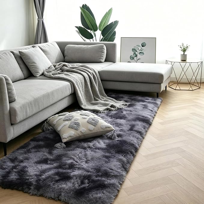 Dark Grey Fluffy Shag Rug 2x6, 2 Pcs Soft Plush Fuzzy Washable Non Slip | Modern comfy furry shaggy carpet for living room, bedroom, kids room, nursery, dorm, and baby