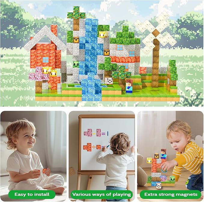 Magnetic Blocks, 48PCS Magnetic Building Blocks Cube Toys Stacking, Build Forest Cabin Set, STEM Sensory Toys for Kids Boys Girls Age 3+ Easter/Birthday/Christmas/Children's Day Gifts (Forest Cabin)