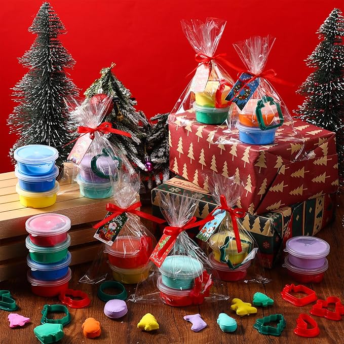 Blosssound Christmas Clay Sets Pcs Christmas Party Favors with Pcs Xmas Clays Molds DIY Holiday Clay Craft Kit for Classroom Gifts Treat Bags Stuffers Supplies(Green, Modern)