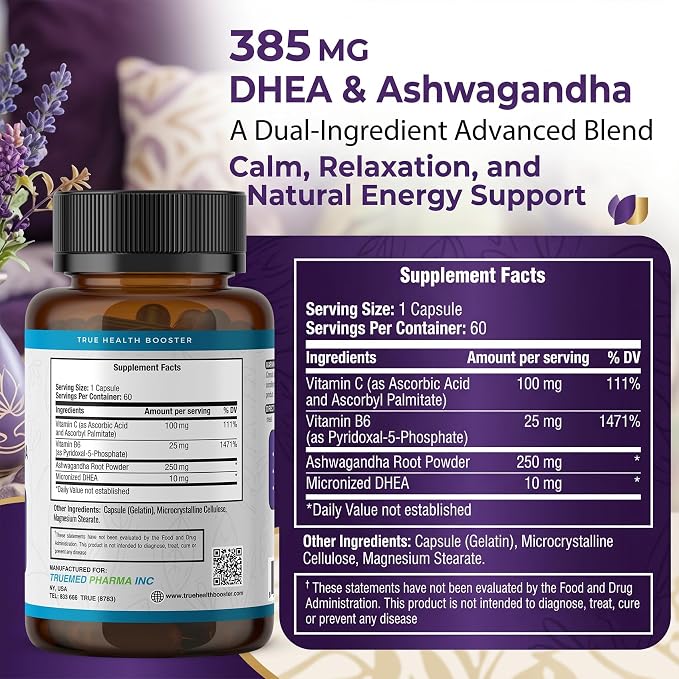 DHEA & Ashwagandha Supplement 385mg – Ashwagandha 250mg, DHEA 10mg, Vitamin C & B6 – Supports Relaxation, Natural Energy & Balanced Mood – Made in USA, 60 Vegan Capsules