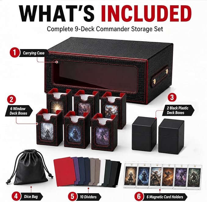 9IN1 MTG Deck Box with Carrying Handle, 8 Removable Deck Boxes & 1000+ Card Storage for TCG & Sports Cards, 10 Dividers, for Magic, YuGiOh, Gundam Card Game (BLACK)