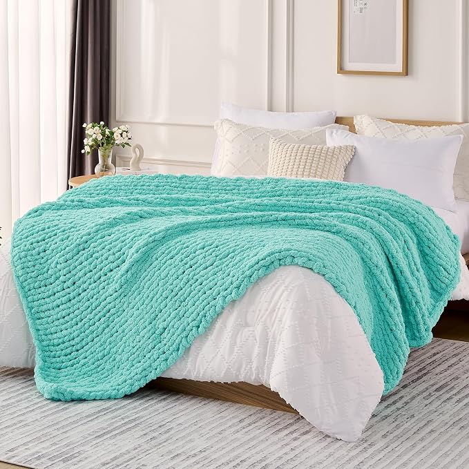 L'AGRATY Chunky Knit Throw Blanket for Couch, 60 x 80 Inches, Lake Blue | Handmade Chenille Crochet Blanket for Sofa Bed, Thick Cable Knitted Blankets for Room Home Decor, Birthday Gift for Women Mom