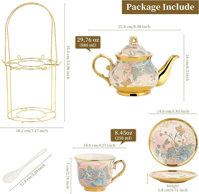 20 Pieces Porcelain Tea Set With Metal Holder, European Ceramic tea set for adults,Flower Tea Set,Tea Set For Women With Flower Painting (VIVID YELLOW, Largr Vision)