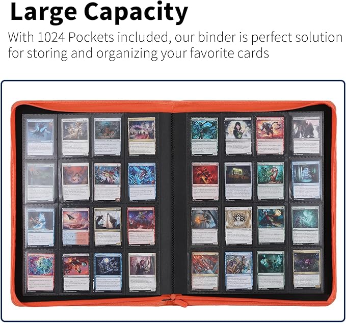 Snekdy premium 1024-pocket trading card binder, Card Albums 16 pockets, waterproof PU-leather Cover album with side loading, holds gaming, baseball (Orange)