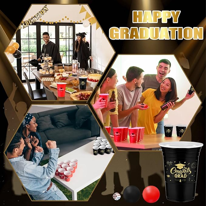 60PCS Pong Game Set, 16 Oz Disposable Plastic Party Cups for Cup Pong Games, College Parties & Graduation Celebrations - Red & Black