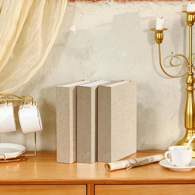 Tioncy 3 Pcs Decor Linen Faux Book Box Set Aesthetic DIY Fake Linen Book Box for Decor Storage Cafe Table Bookshelf Gift Home Keepsake(8.6 x 6.1 x 1.8 Inch,Beige)