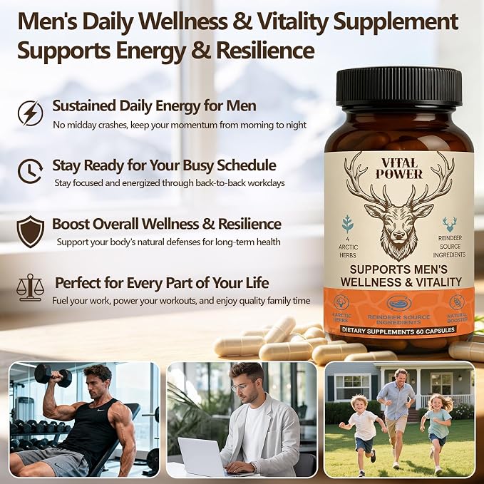 Men’s Vitality Supplement – Arctic Herbal & Reindeer Nutrient Blend – Energy Support – 60 Capsules