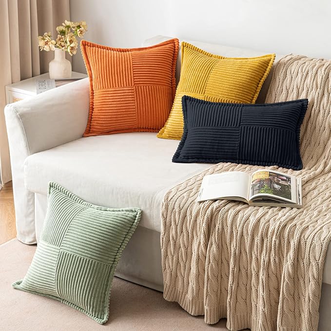MIULEE Decorative Lumbar Throw Pillow Covers 12x20 Inch Black 2 Pack | Boho Broadside Striped Patchwork Pillow Covers, Soft Corduroy Cushion Cases, For Couch Sofa Bed Livingroom Home Decor