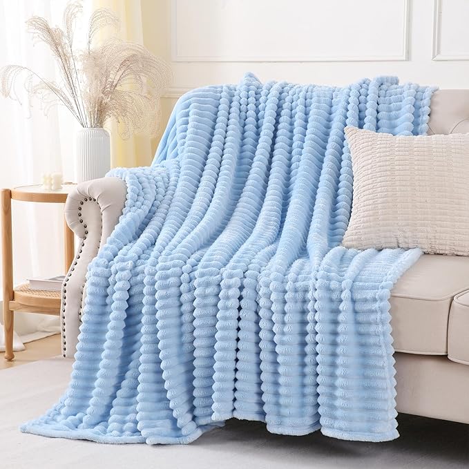 Light Blue Throw Blanket for Couch Sofa 90x90 inches Striped Design | Fleece Blankets Room Home Decor Lightweight Plush Soft Cozy Gifts for Women Mom