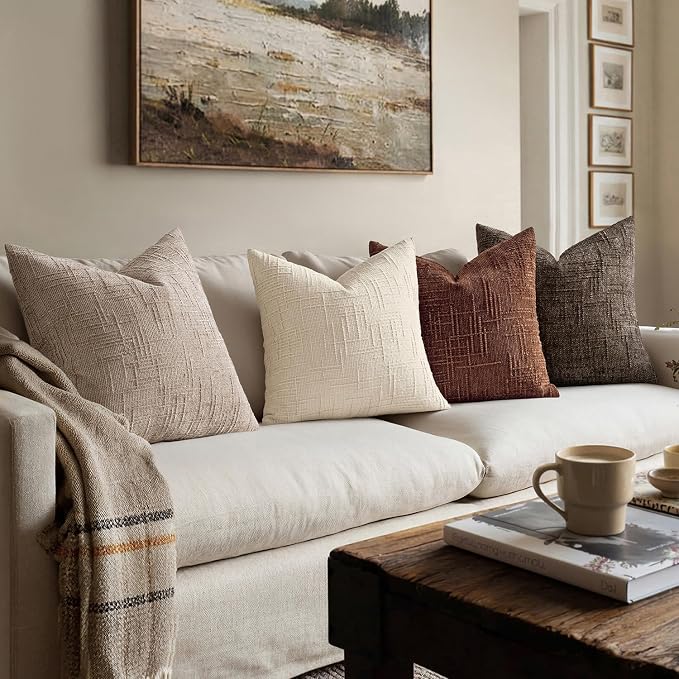 MIULEE Chenille Textured Throw Pillow Covers Oatmeal 20x20 Set of 2 | Slubby Decorative Pillows, Boho Farmhouse Home Decor, Modern Neutral Cushion Covers for Couch Sofa Bed Living Room