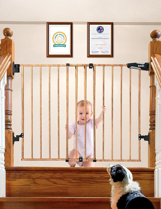 Babelio Baby Gate for Stairs & Doorways, 26-43" W 28" H No Bottom Bar| Easy Installation| One-Handed Operation| Auto-Close| Hardware Mount (Drill Needed) Safety Dog/Pet Gate (Brown Wood Pattern)