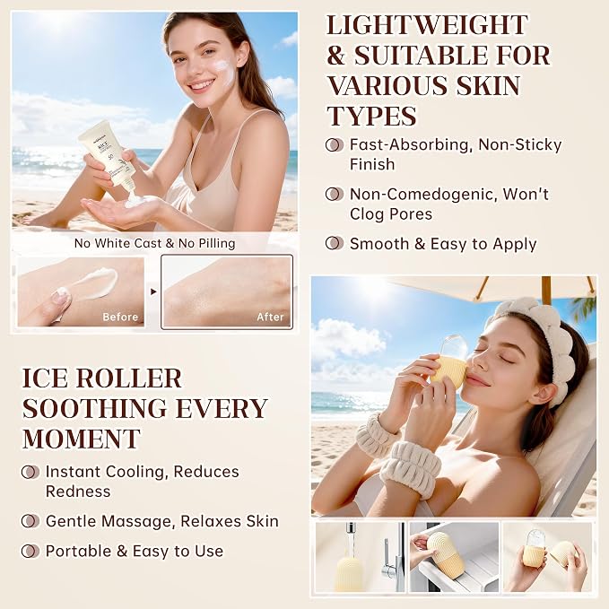 11PCS Rice Skincare Set, Korean Skin Care Set for Women Teens Girls, Rice Cleanser Toner Dual Serum Face Cream Eye Cream Sunscreen with Ice Roller Headband Wristband, Hydrating Daily Face Care Kit