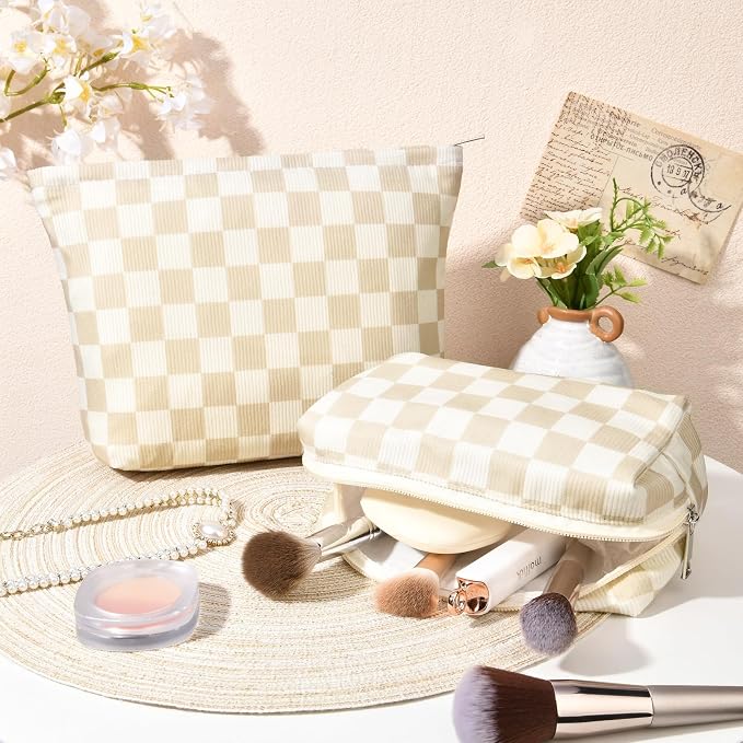 SOIDRAM 2 Pcs Checkered Makeup Bag Large Cosmetic Bag Toiletry Bag Makeup Pouch Travel Bag Organizer Cute Makeup Brushes Aesthetic Accessories Storage Bag for Women Brown Checkered