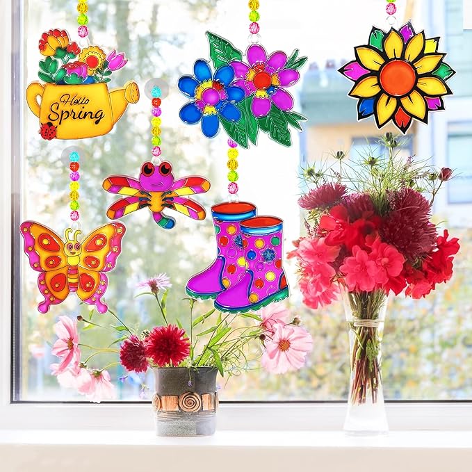 Ayhuhra 30 Sets Spring Flower Suncatcher Craft Kit Butterfly Sun Catcher DIY Window Paint Art Suncatcher Kits for Spring Summer Easter Party Activities Art Project Party Favors