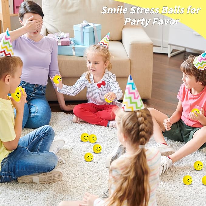 96 Pack Smile Face Stress Balls Bulk 2 Inch Funny Face Stress Relief Balls Yellow Mini Squeeze Balls Foam Smile Face Toys for Finger Exercise, School Prizes, Party Bag Fillers