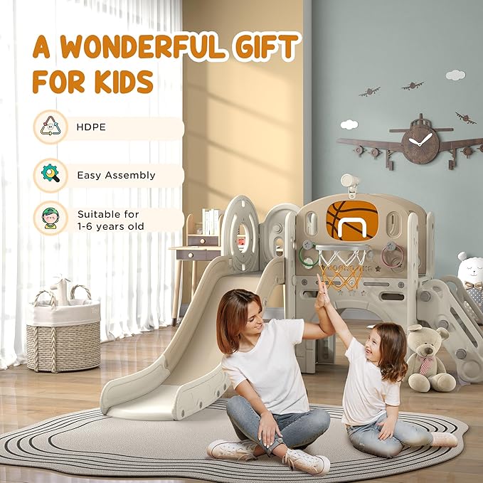 Qaba 7-in-1 Toddler Slide Playset, Kids Slide for Ages 1-6 Years with Ring Toss, Basketball Hoop, Telescope, Indoor Playground with Climber, Storage Space, Crawl Tunnel, Cream White