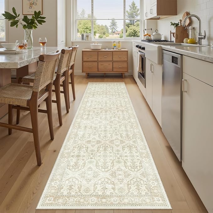 Soalmost Runner Rug 2x8 Washable Hallway Kitchen Runners Beige/Brown | Non-Slip Vintage Rugs for Bathroom Laundry Room, Soft Low Pile Foldable Floor Carpet Mat for Entryway Corridor Bedroom