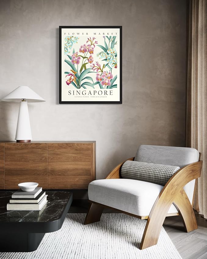 Singapore Flower Market Art Print Poster, Wall Art Floral Painting Botanical Decor for Bedroom, Kitchen, Bathroom Livingroom Decoration 82B (Singapore, 20"L x 16"W, Black Frame)