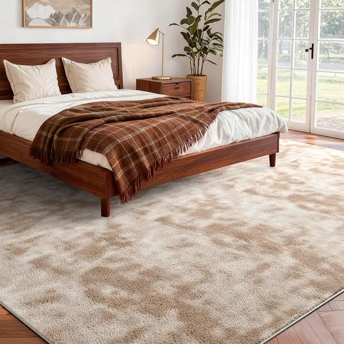 FinRèc 5x7 Washable Area Rugs for Bedroom Living Room, Low Pile Thin Ultra Soft Shag Rug, Non-Slip Carpet Indoor for Home Decor (Tie-dye Light Tan)