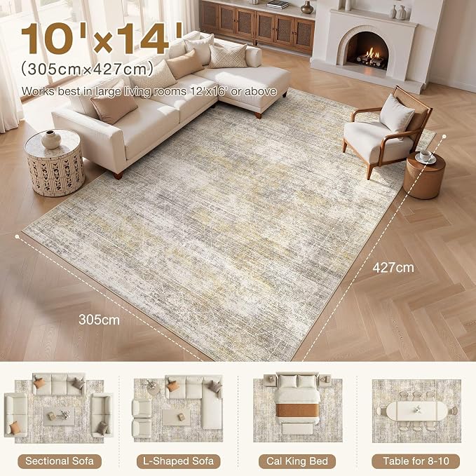 cotiled Washable Area Rugs 10x14 Living Room | Non Slip Backing, Stain Resistant, Pet Friendly, Large Neutral Soft Indoor Carpet For Bedroom, Nursery, Office, Gold/Brown